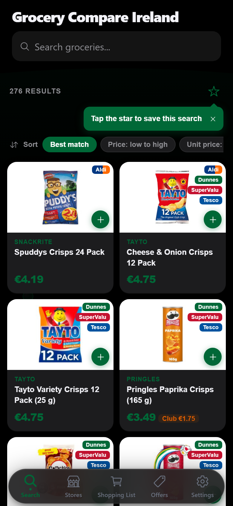 Grocery Compare Ireland showing crisps priced across Aldi, Dunnes, SuperValu and Tesco