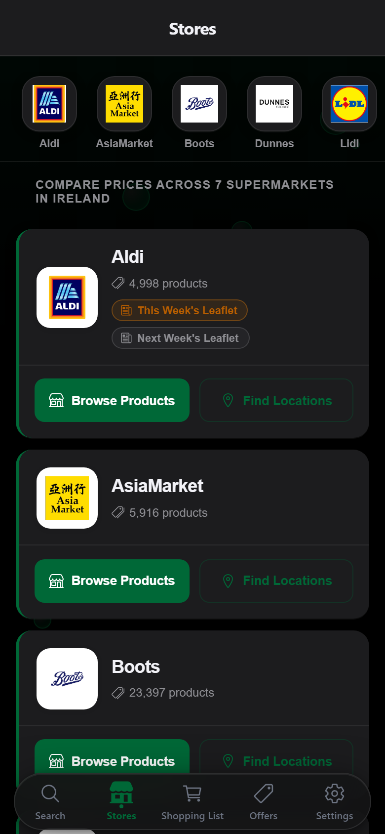 Browsing Tesco, Dunnes, Lidl and SuperValu inside Grocery Compare Ireland